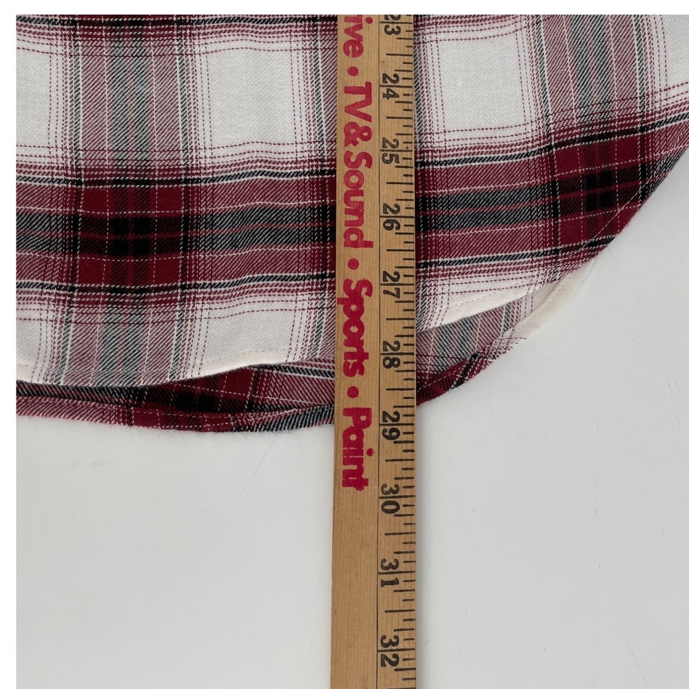 LOFT Plaid Ruffle Neck Flannel Top Womens Medium Burgundy Button Cottagecore - Picture 6 of 8